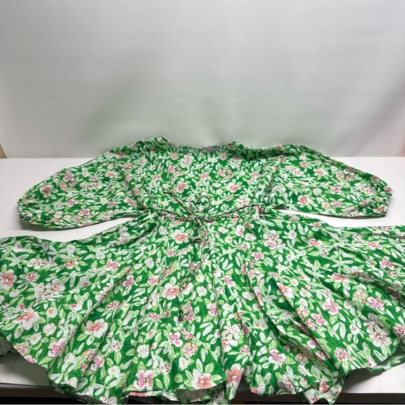 French violet boutique balloons sleeves Floral Green and Pink mini  Dress L - Picture 10 of 13